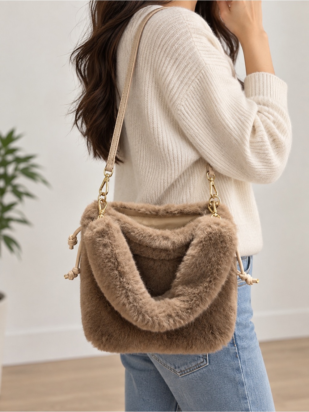 Faux Fur Brown Shoulder Bag with Detachable Strap